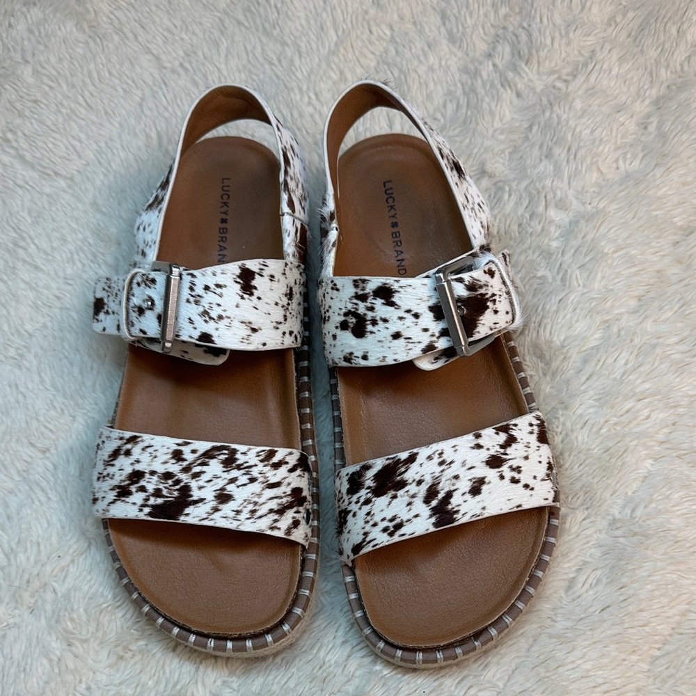 Lucky Brand Brown and White Cow Print Sandals